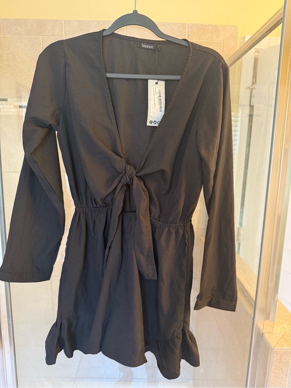 Boohoo Black Long-Sleeve Tie-Front Mini Dress